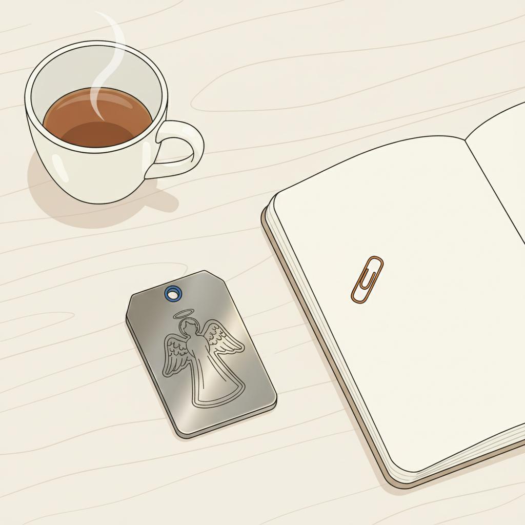 Nahaufnahme eines personalisierten Metallschilds mit dezentem schutzengel zeichen (ohne Text) auf Holztisch, Tasse Tee und offenes Notizbuch, minimalistisches Vector-Design