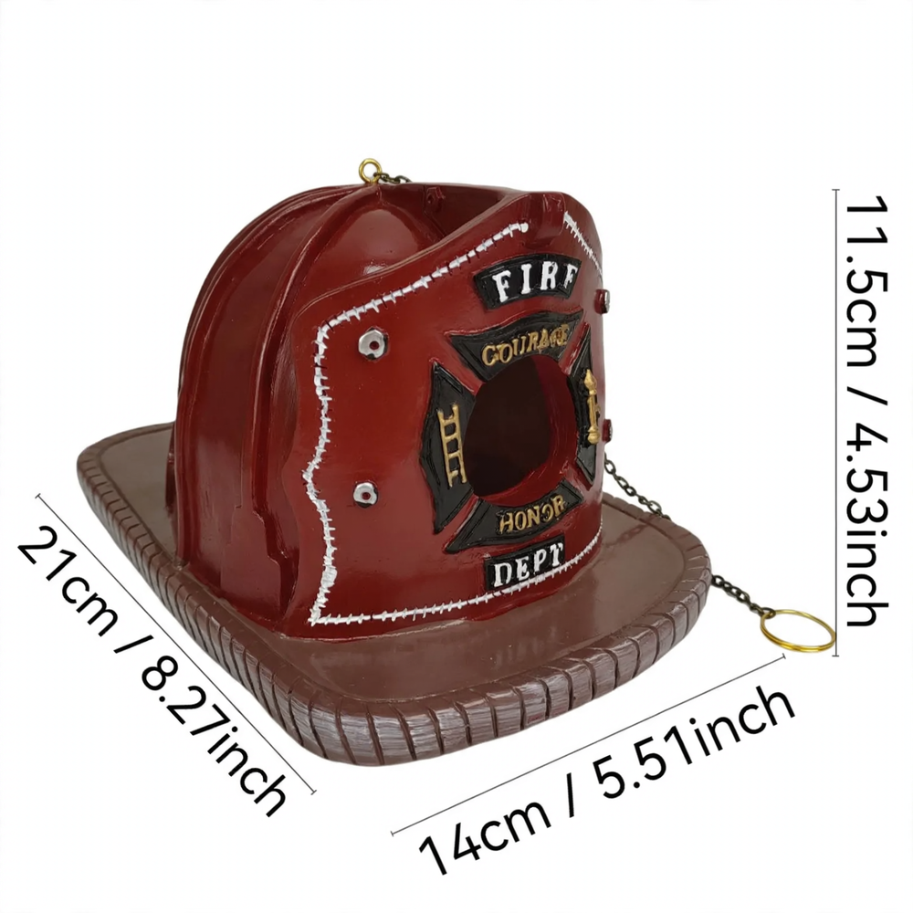 Birdhouse in fire helmet design made of resin
