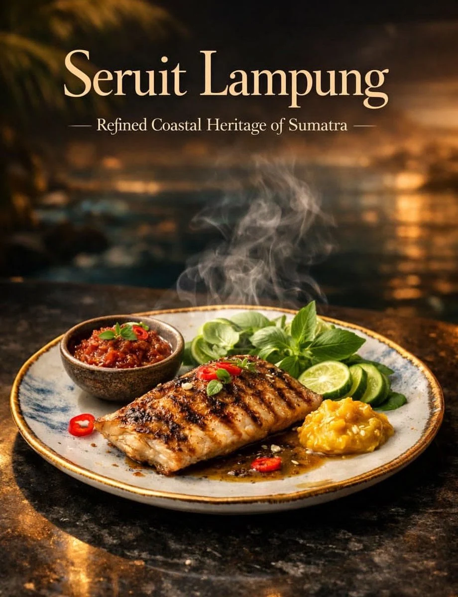 Fotografía cinematográfica de lujo de la comida tradicional indonesia "Seruit Lampung": un filete de pescado a la parrilla exquisitamente preparado...