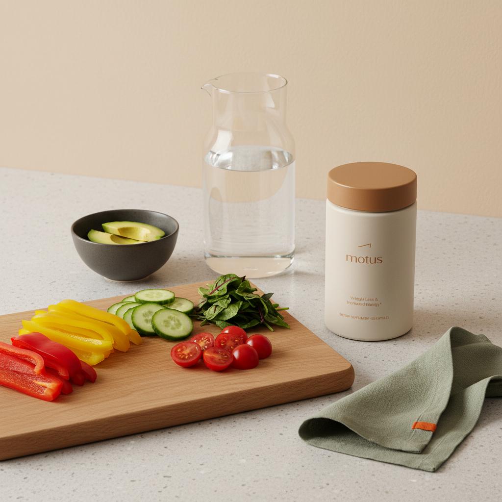 Minimalist kitchen scene with Tonum Motus next to a wooden cutting board of chopped vegetables and carafe of water to stimulate the liver to burn fat