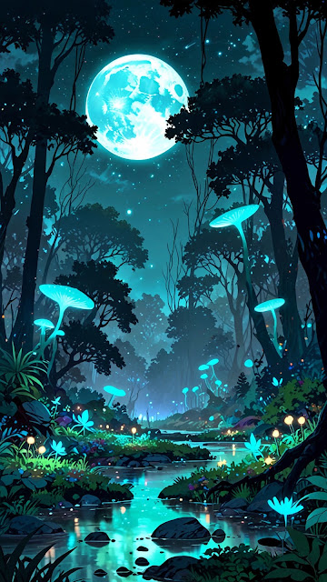 Bioluminescent Forest Night Scene with Giant Blue Moon Art - Free mobile Wallpaper