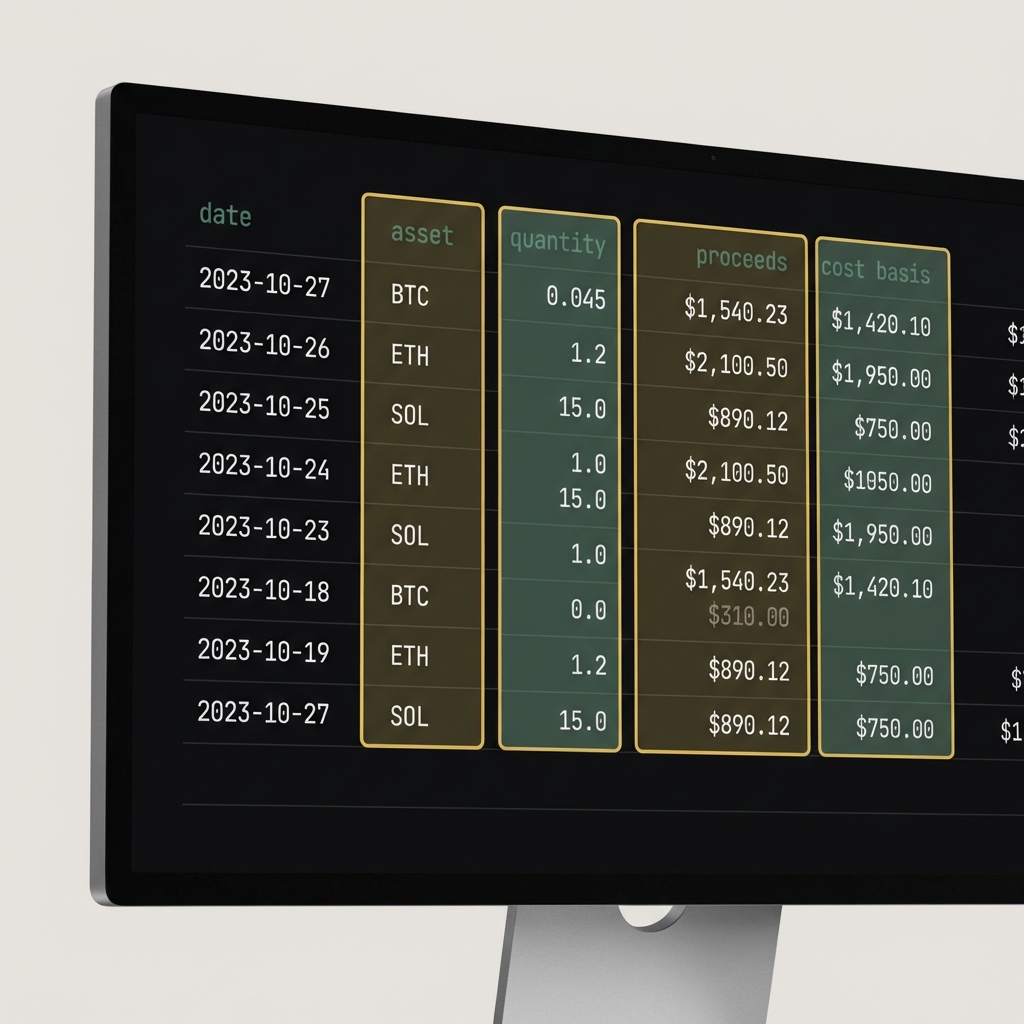 Full frame close up of a CSV export showing exchange transaction history with highlighted columns date asset quantity proceeds and cost basis on a dark Finance Police brand background best place to buy crypto