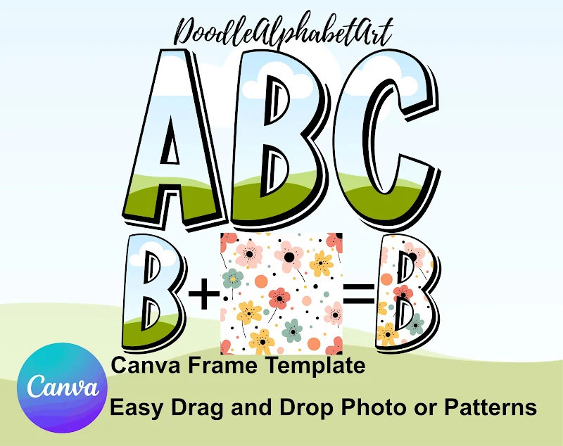 Editable doodle Canva frame preview for Canva Doodle Letter Alphabet Frame Templat