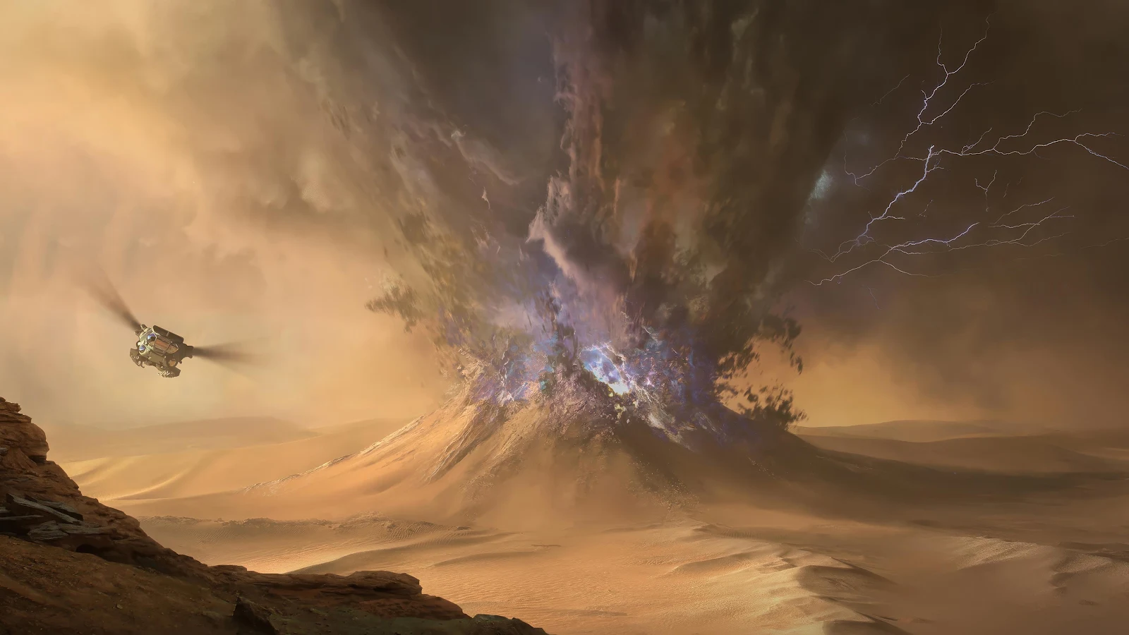 Ornithopter Flying Near Desert Storm - Sci-Fi Concept Art 4K Wallpaper (3840x2160)