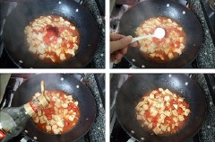 Cho đậu hũ non vào cùng, nấu nhỏ lửa khoảng 3 phút. Nêm gia vị 1 muỗng canh sốt cà chua, 1 muỗng cà phê muối, 1 muỗng canh đường trắng, 1 muỗng canh nước tương, 1 muỗng cà phê hạt nêm chay cho vừa ăn. Đậu sốt cà chua chín, mang ra tô, rắc thêm hành lá, tí tiêu cho thơm và bắt mắt.