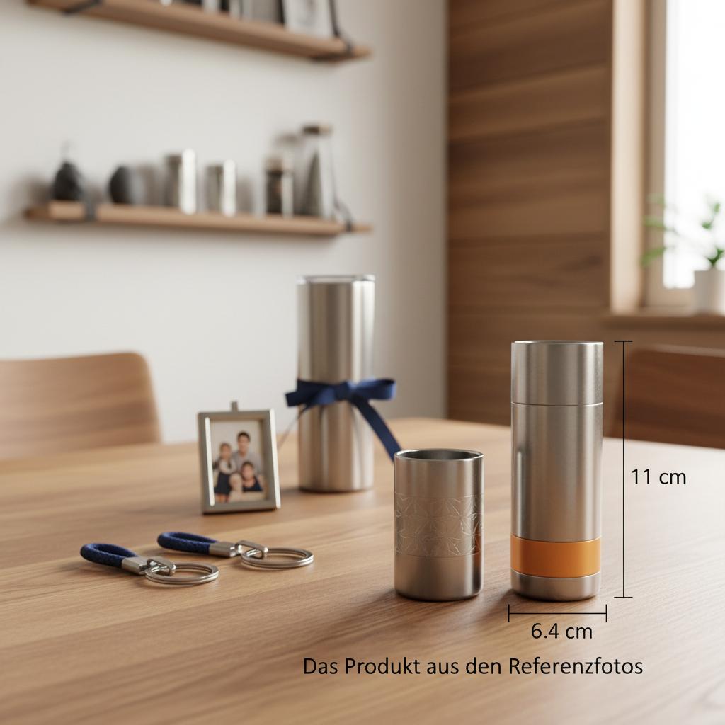 Detailaufnahme eines Esstisches mit kleinen Geschenken (Schlüsselanhänger, Fotoanhänger, Thermobecher) auf Holzoberfläche – geschenkideen für frischgebackene väter, warme natürliche Beleuchtung.