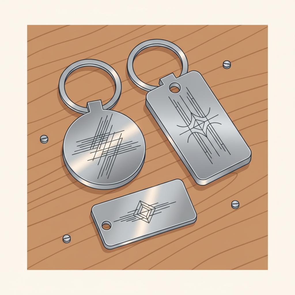 Detailaufnahme gravierter Metall-Schlüsselanhänger und Namensschild auf Holz, warme Lichtreflexe, minimalistisches 2D-Vektordesign in Steelmonks-Farben mit Akzent #ff9800, was brauchen lehrer unbedingt