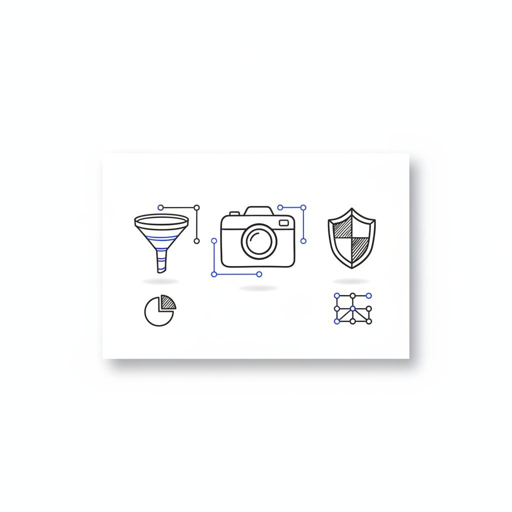 Flat 2D vector notebook page with hand-drawn funnel, camera, and shield icons in ink #39383f and blue accents illustrating Can government contractors use TikTok?