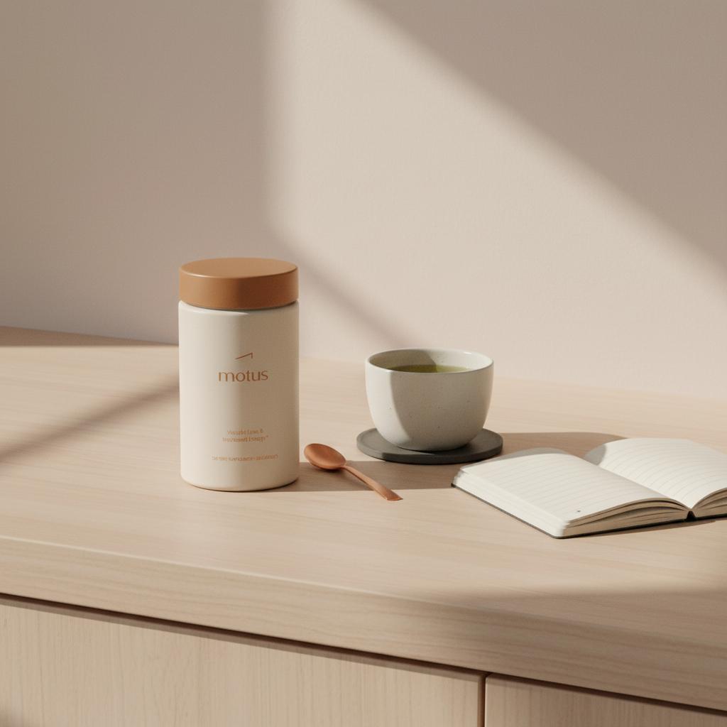 Tonum Motus supplement jar on a minimalist kitchen counter next to a notebook and green tea, suggesting a morning routine for berberine for weight loss