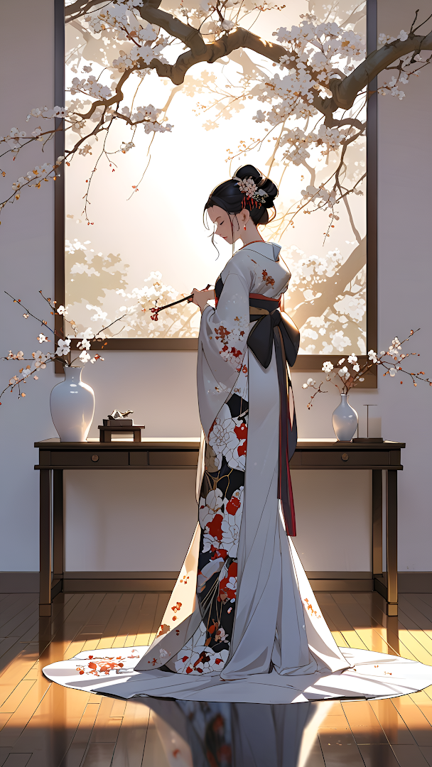 Woman in Traditional Kimono Under Blooming Cherry Tree