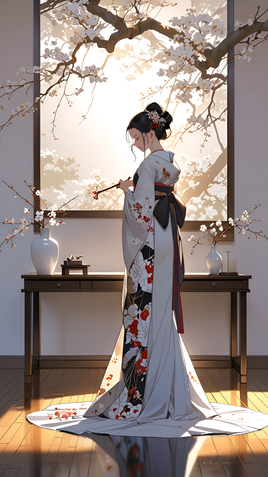 Woman in Traditional Kimono Under Blooming Cherry Tree - Free 4K mobile Wallpaper