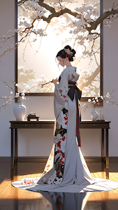 Woman in Traditional Kimono Under Blooming Cherry Tree