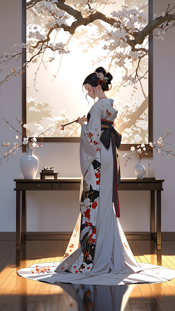 Woman in Traditional Kimono Under Blooming Cherry Tree - Free mobile Wallpaper