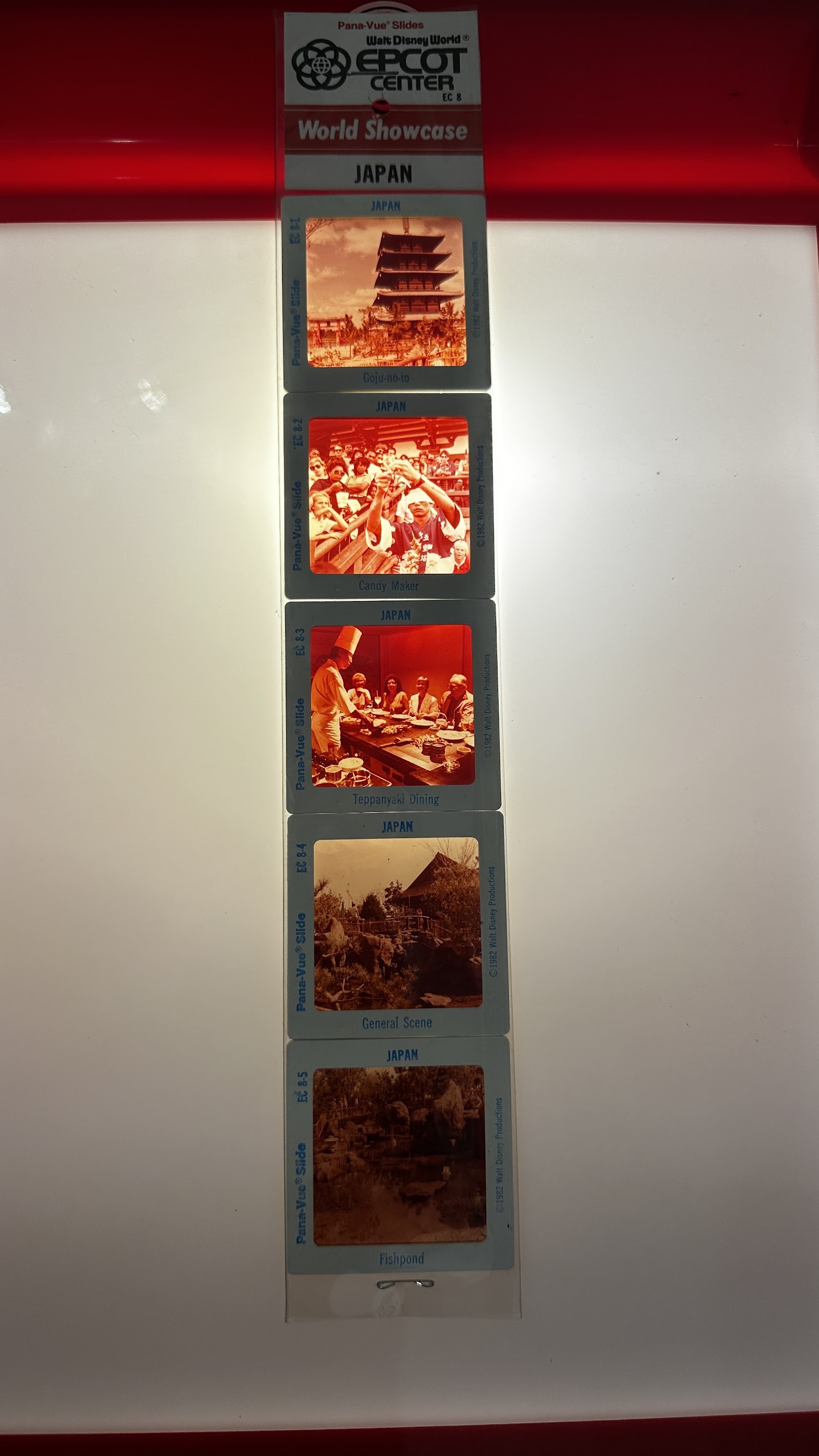 1982 photographic slides of the EPCOT Center World Showcase Japan Pavilion showing the five-story pagoda and red torii gate at the lagoon's edge, opening year