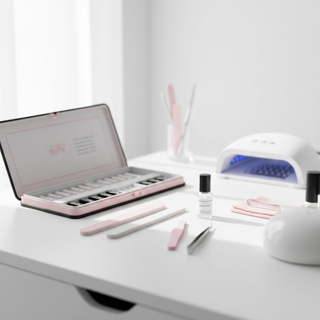 Nahaufnahme einer minimalistischen Manikürstation für Gelnägel: weiße Oberfläche, dezente rosa Akzente (#f57fb6), geöffnetes Gel‑Set mit Fläschchen, Feilen, Nagelöl und UV/LED‑Lampe im Hintergrund.