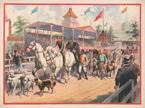 Procession of horses sheep and cows on a race track 1891