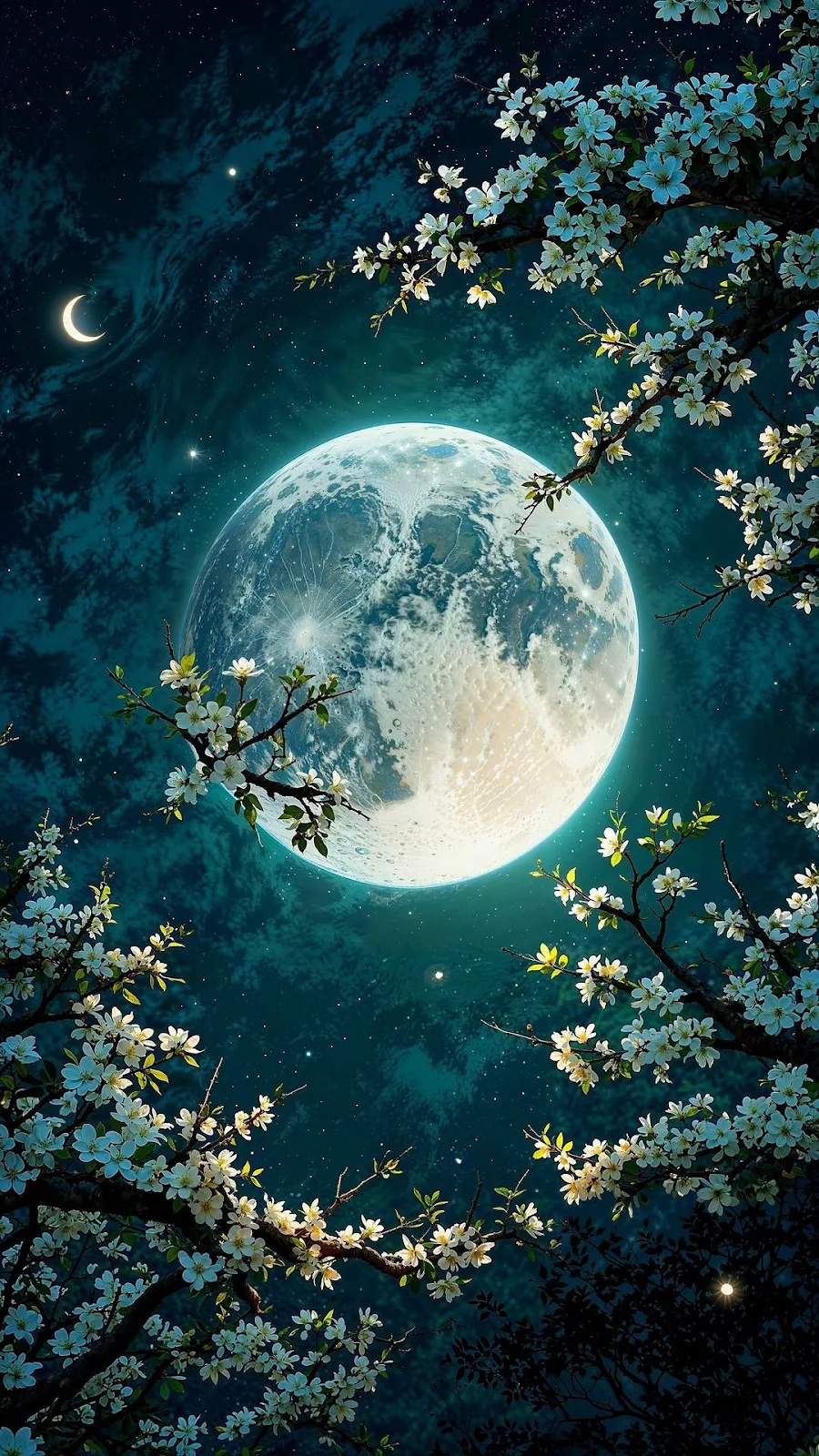 Moonlight, Blossom, Nightscape, Celestial Full HD iPhone Wallpaper Background (1080x1920)