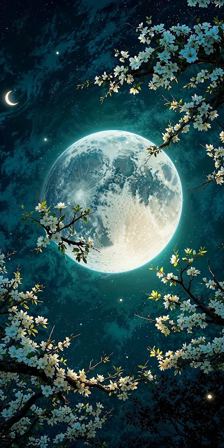 Moonlight, Blossom, Nightscape, Celestial Full HD iPhone Phone Wallpaper
