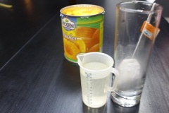 Chuẩn bị tất cả các nguyên liệu. Nấu sôi 80ml nước, khui hộp đào tươi ra để sẵn.