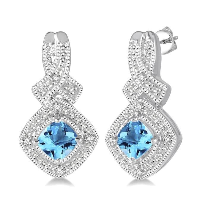 Silver Cushion Shape Gemstone & Diamond Earrings