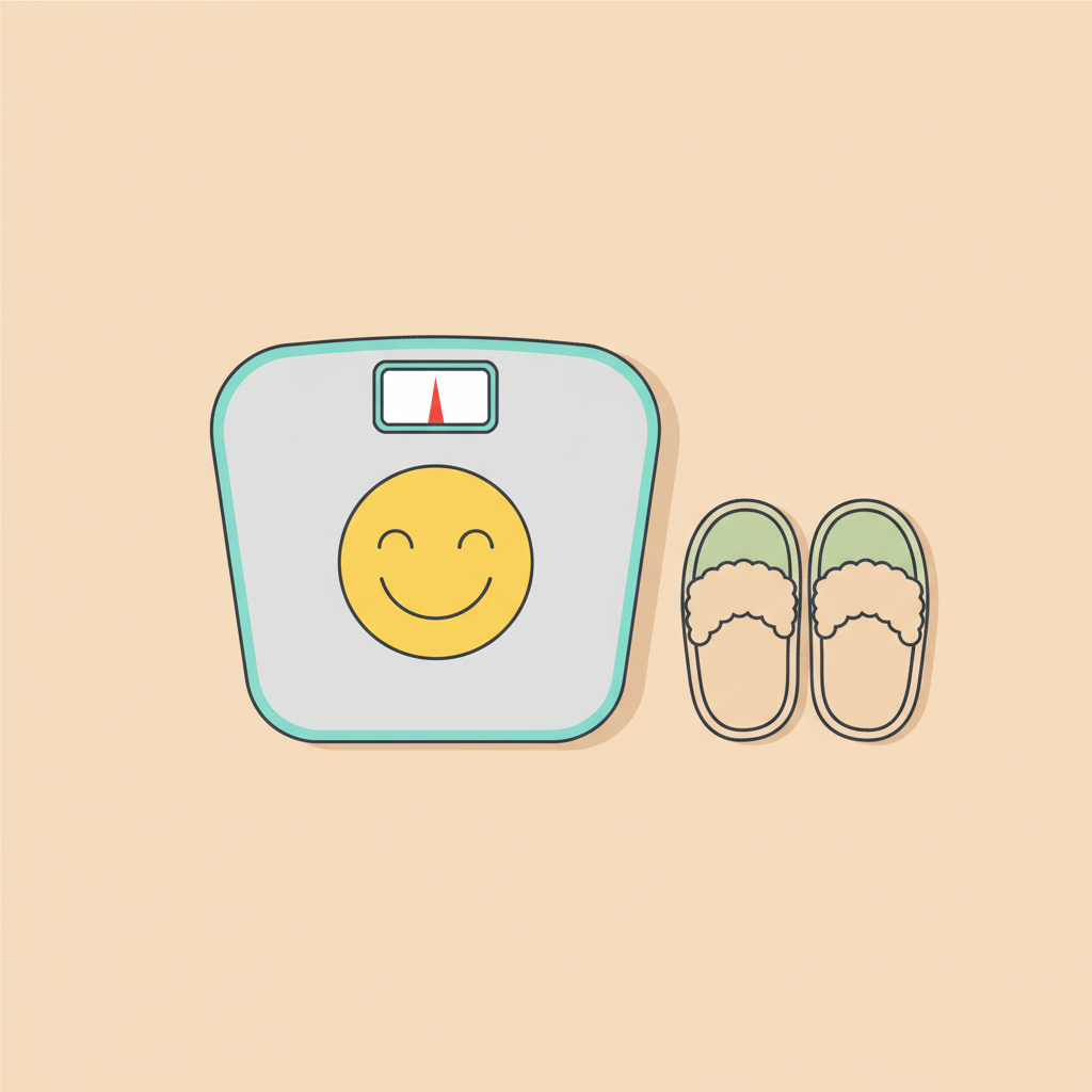 Minimalistische 2D-Vektor-Illustration einer Badezimmerwaage mit Smiley-Display und Hausschuhen in Vegardians-Farben, ruhige Szene — Po und Beine zusammen trainieren