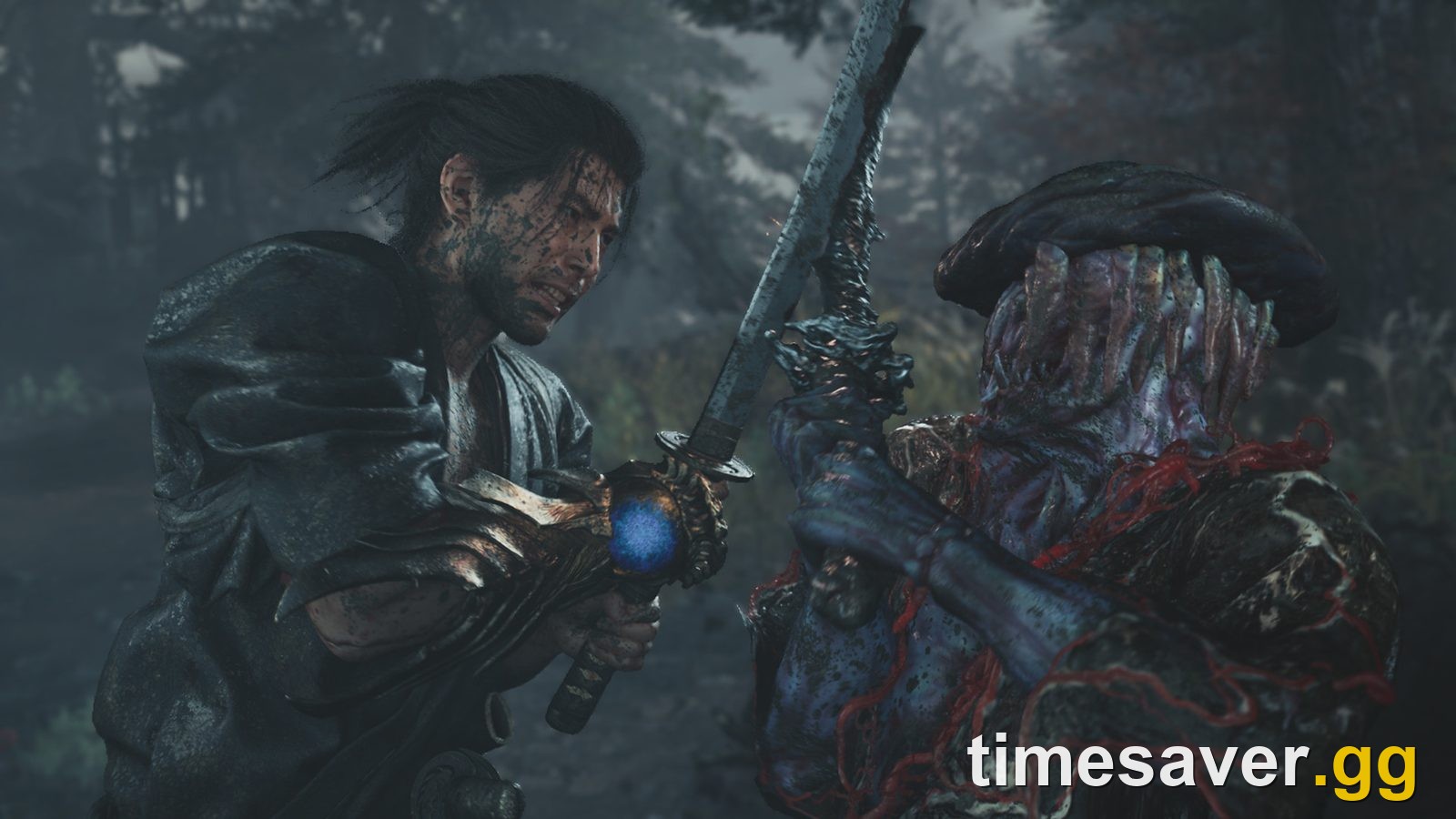 Musashi locks blades with a towering Genma, the blue soul-orb of his Oni Gauntlet glowing, in Onimusha: Way of the Sword