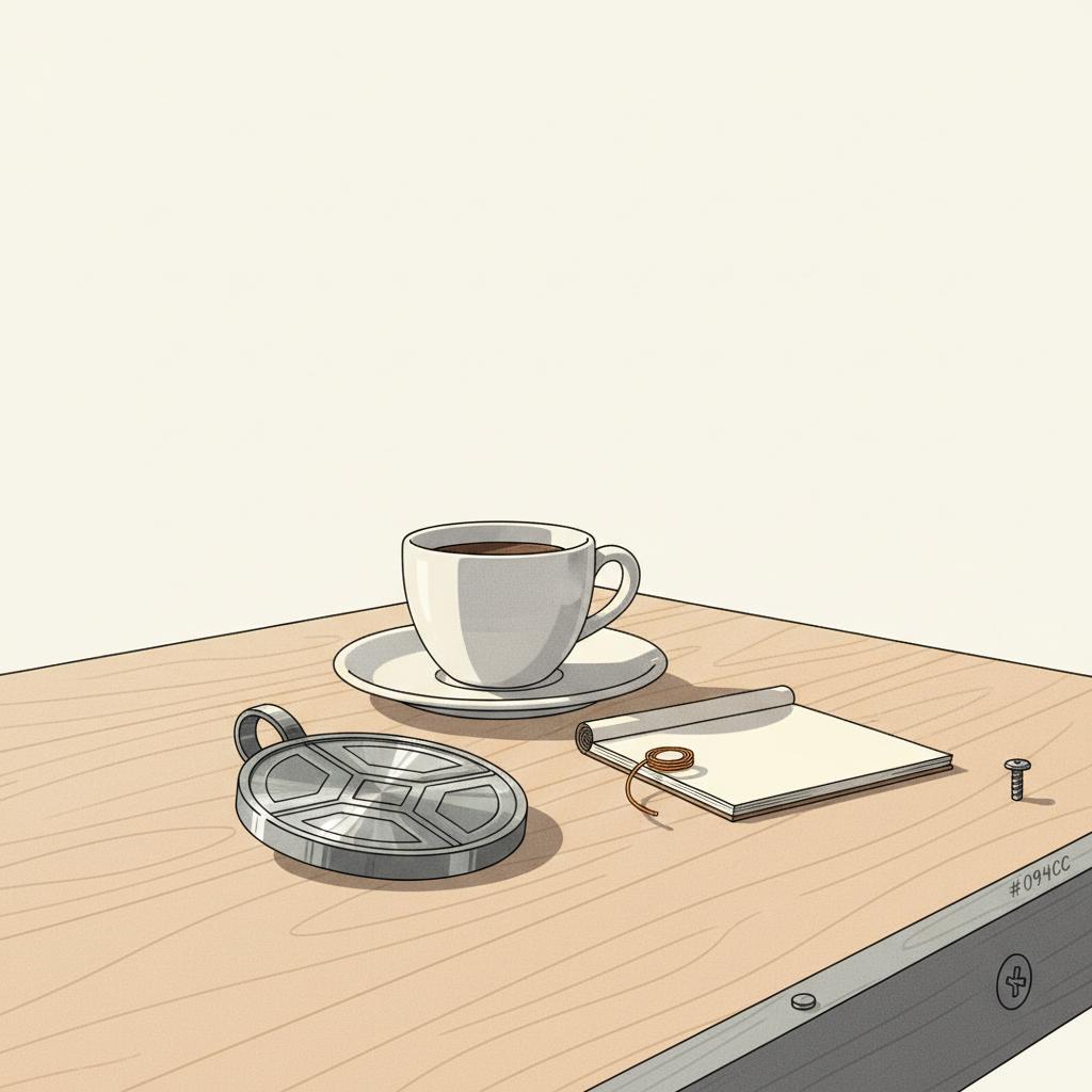Überraschungstag Ideen: Nahaufnahme eines gravierten Metallanhängers auf Holztisch neben Kaffeetasse und Notiz, dezente Markenfarben, ruhige Stimmung