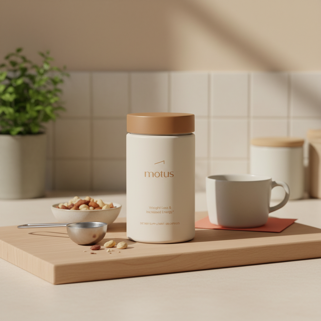 Minimalist kitchen counter scene with Tonum Motus supplement jar beside a bowl of mixed nuts, measuring scoop and morning coffee cup, clean natural light to boost metabolism naturally