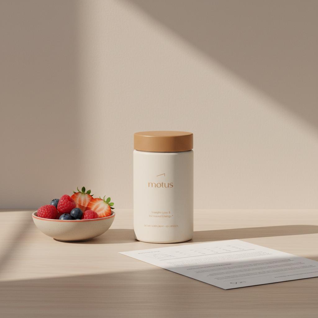 Tonum Motus supplement bottle on a wooden kitchen counter beside a bowl of fresh berries and a folded research summary sheet in a minimalist morning scene for stimulant-free supplements