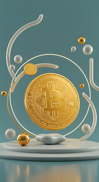 Golden Bitcoin Coin on Modern Abstract Pedestal - Free mobile Wallpaper