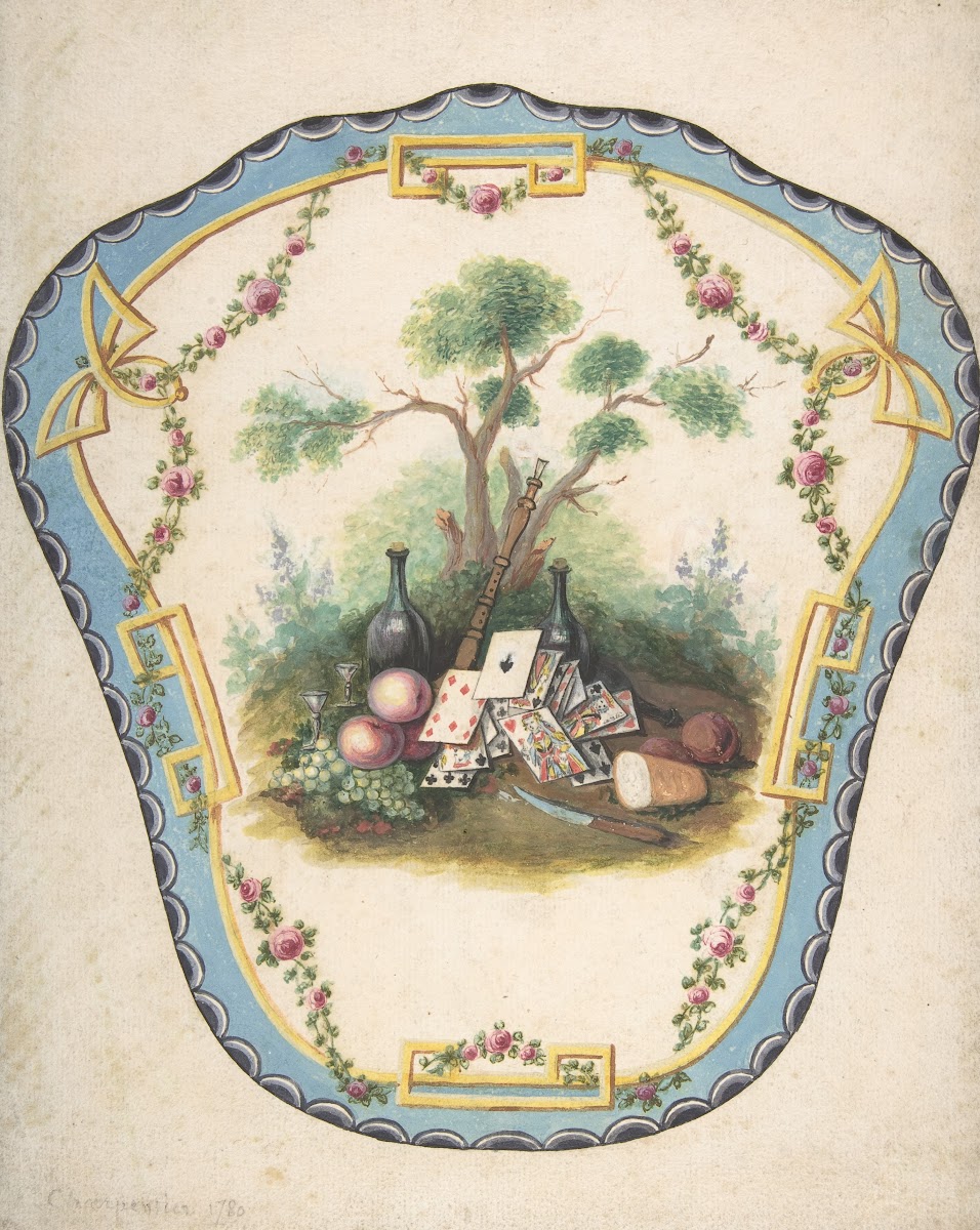 Design For A Firescreen With Picnic Scene And Playing Cards Late 18th Century