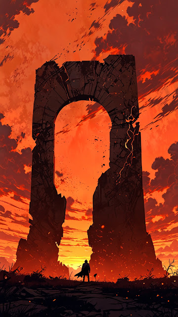 Lone Figure Before Ruined Arch at Fiery Sunset - Free mobile Wallpaper