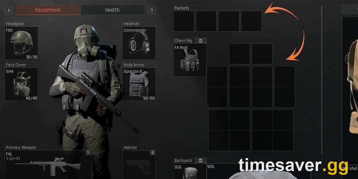 Arena Breakout: Infinite loadout and equipment screen showing an armored Operator with body armor and chest-rig slots