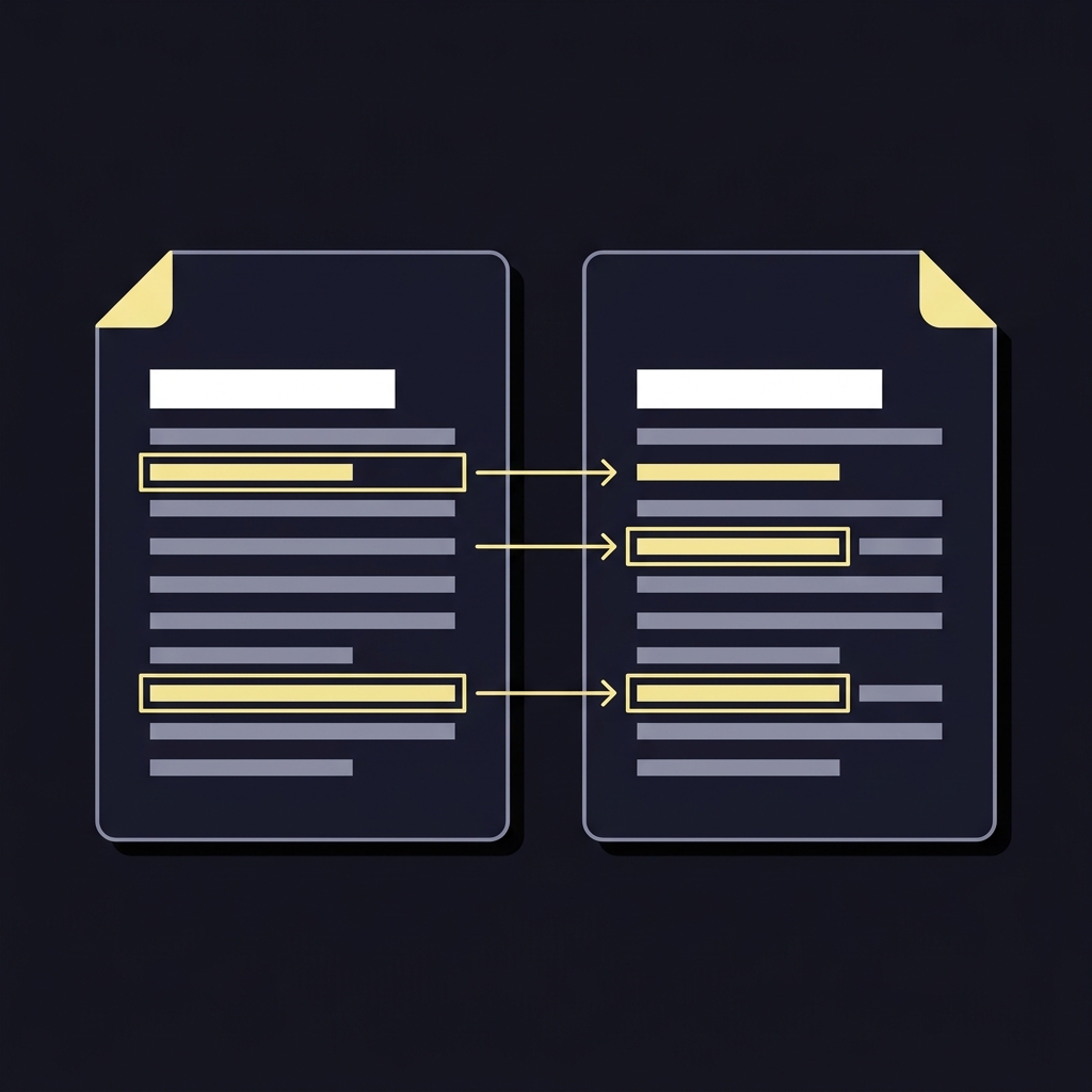 benfica prediction minimalist vector comparison of two report documents side by side with accent yellow arrows highlighting key line items on dark background
