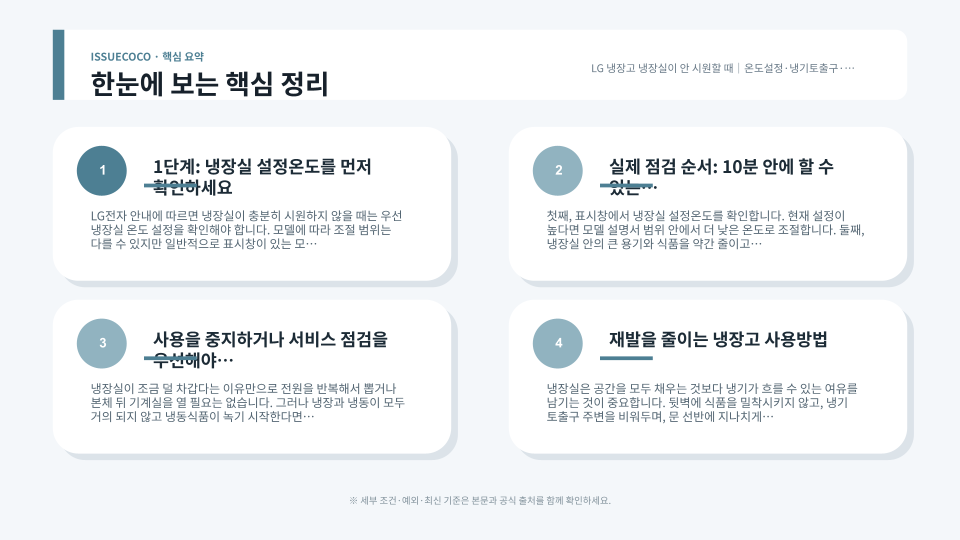LG 냉장고 냉장실 냉기 약함 증상에서 온도 설정, 냉기 토출구, 음식물 적재, 문 닫힘을 순서대로 점검하는 핵심 정리