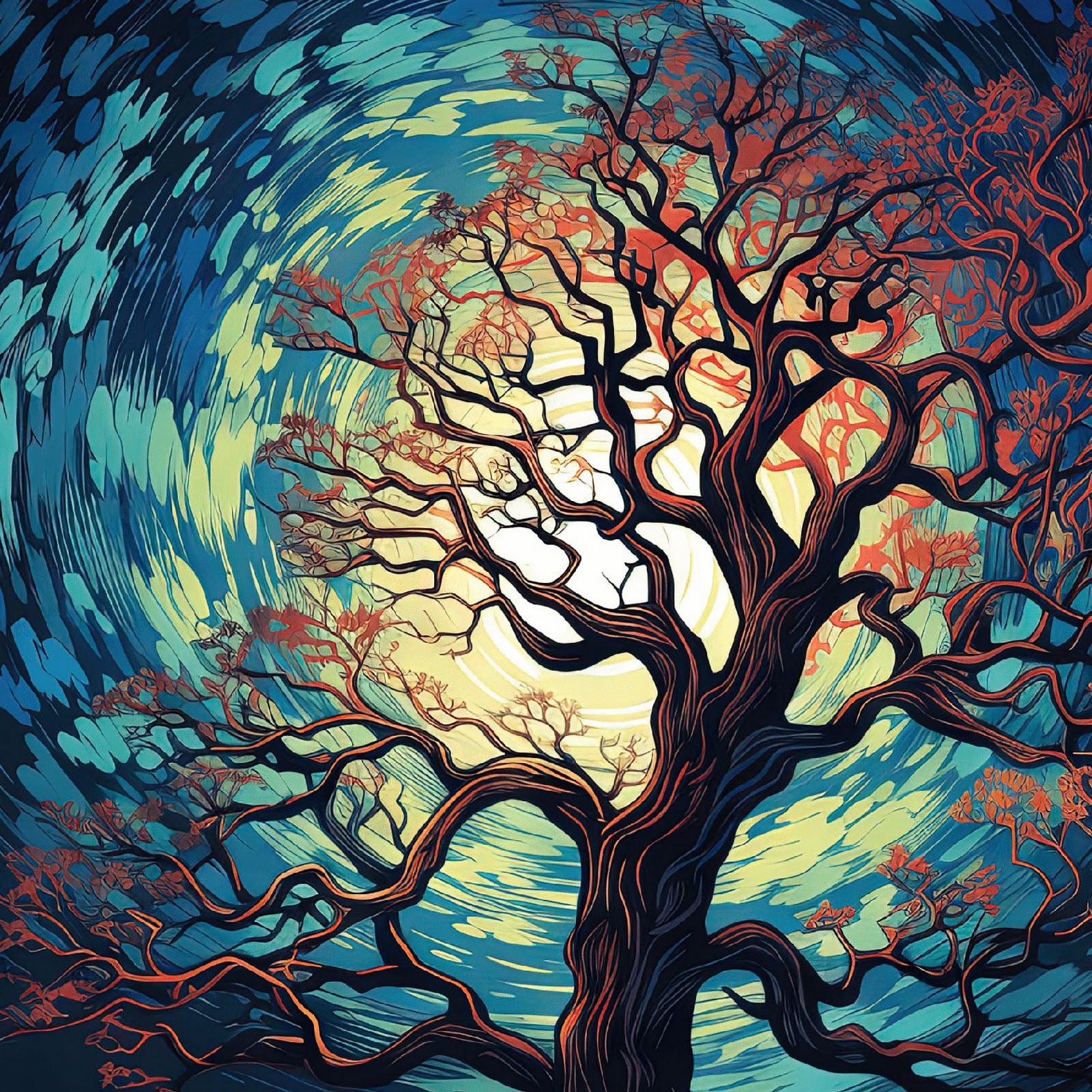 Download Stylized Tree Under Swirling Sky 2K iPhone