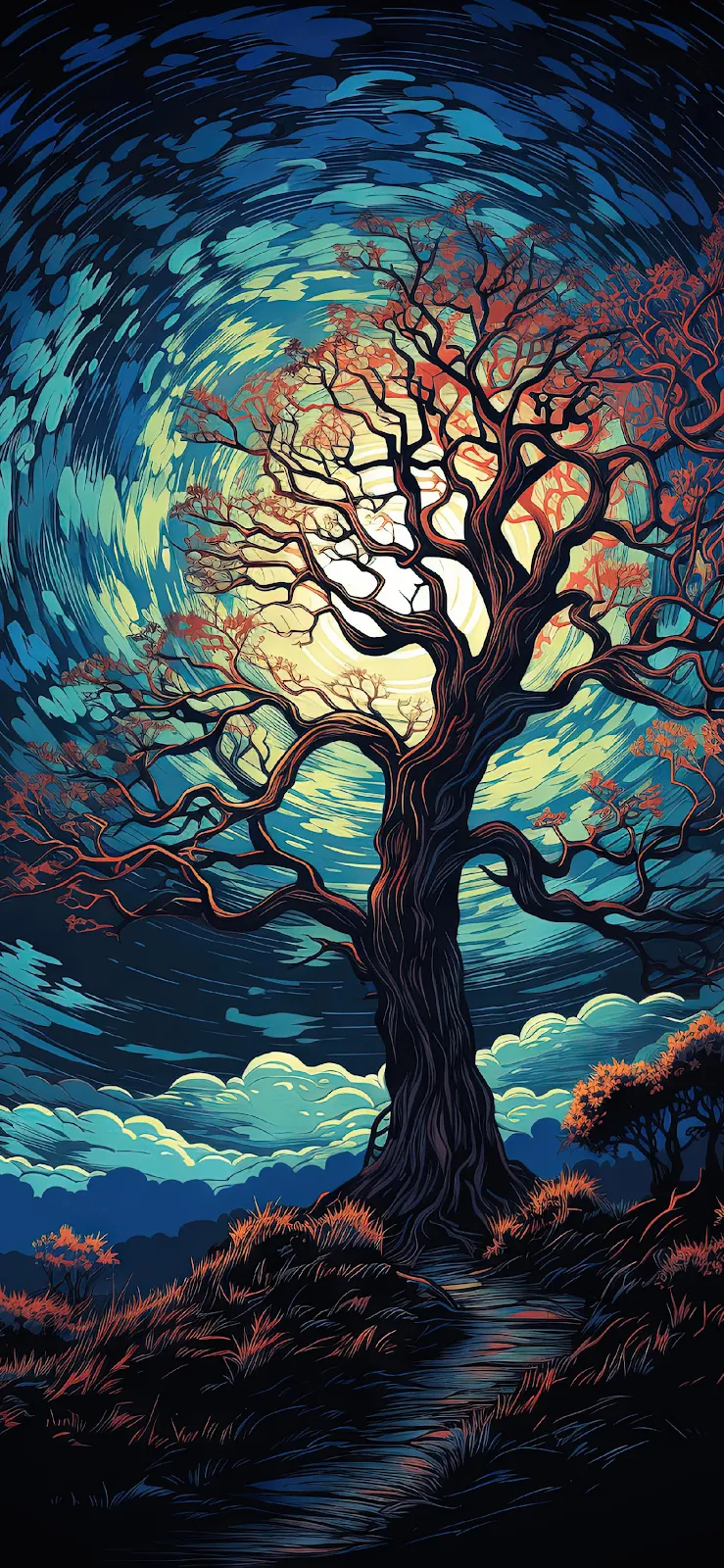 Stylized Tree Under Swirling Sky - Digital Illustration 2K iPhone Wallpaper (1572x3405)