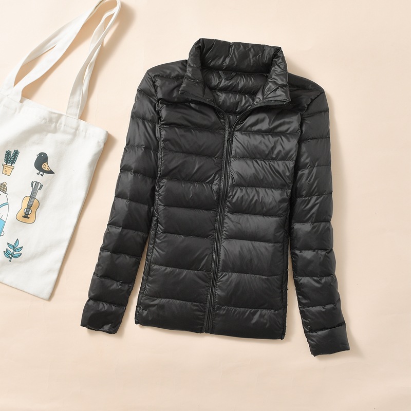 Women's down jacket, cropped, stand-up collar, fitted, with duck down