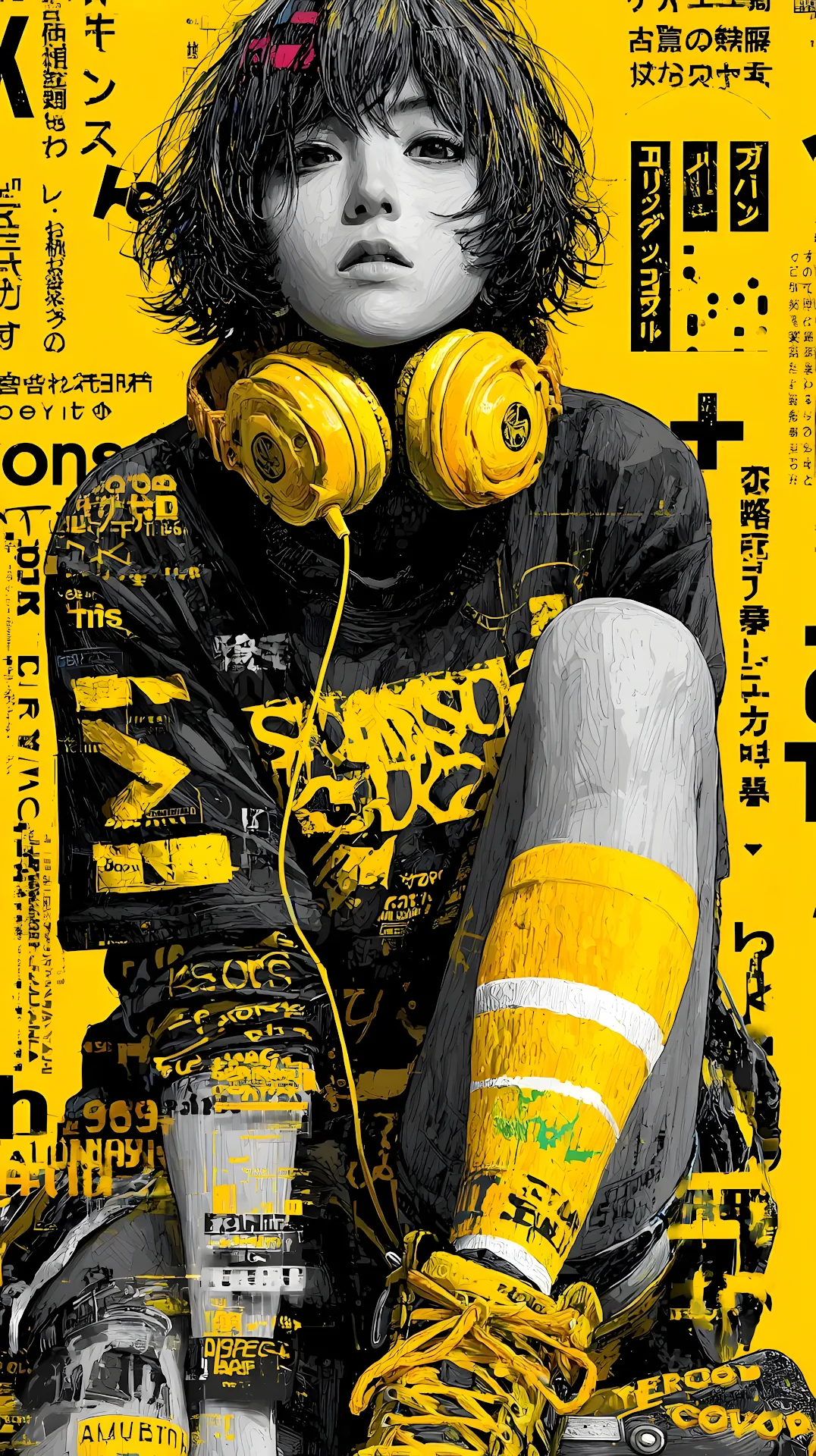 Japanese Street Art Portrait in Yellow and Black - Free 4K mobile Wallpaper