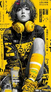 Japanese Street Art Portrait in Yellow and Black