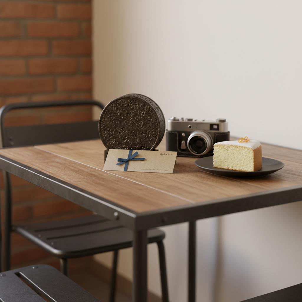 Nahaufnahme eines Esstisches mit Geschenken (gravierter Anhänger, kleine Kamera, Gutschein, Kuchen), warme industrielle Lichtstimmung, minimalistisches Familienambiente für Teenager