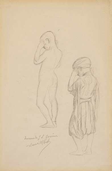 Two studies of a standing boy holding his hands up in prayer