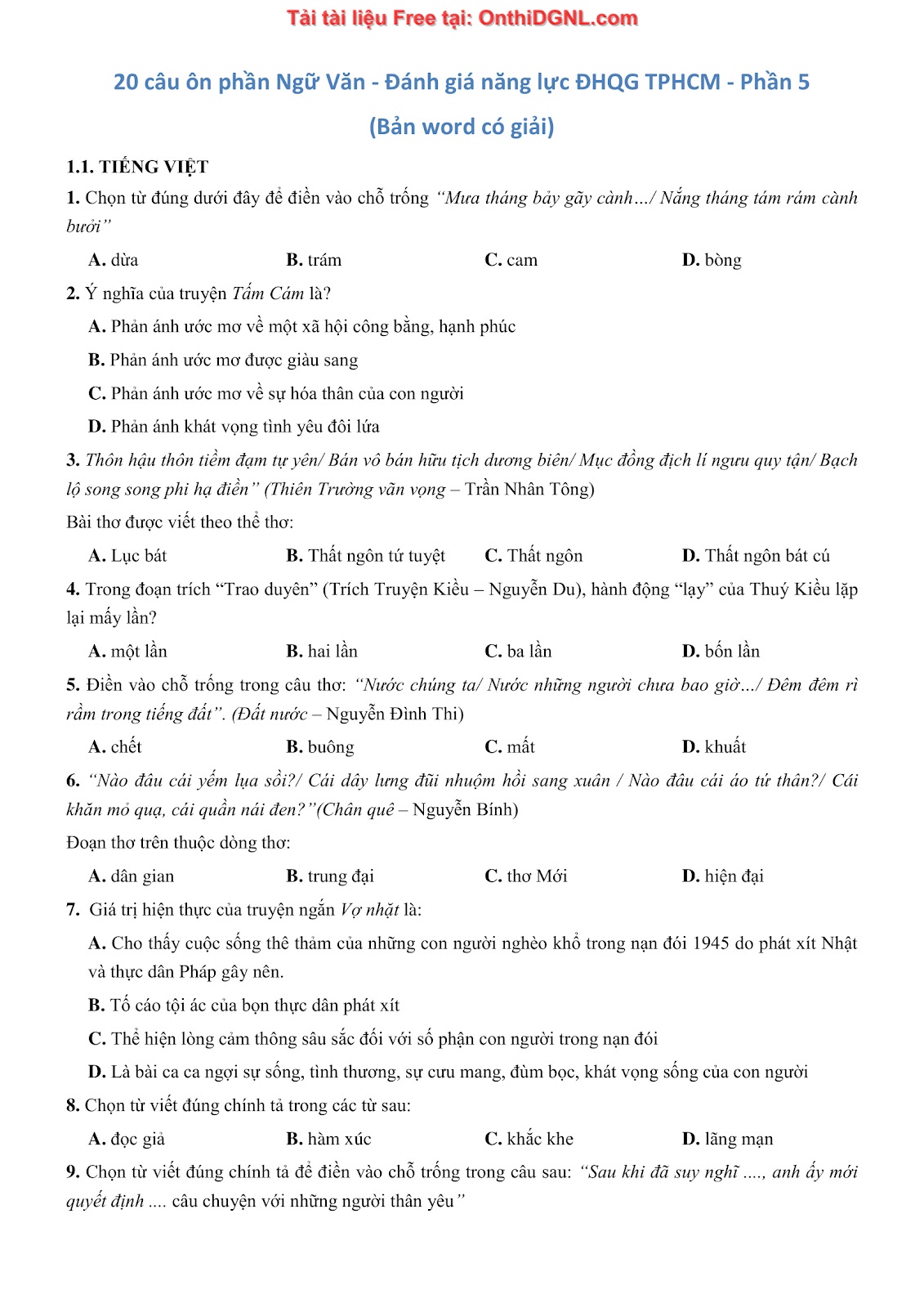 500 bài tập môn Ngữ Văn - Ôn thi ĐGNL ĐHQG TP HCM Phần 5