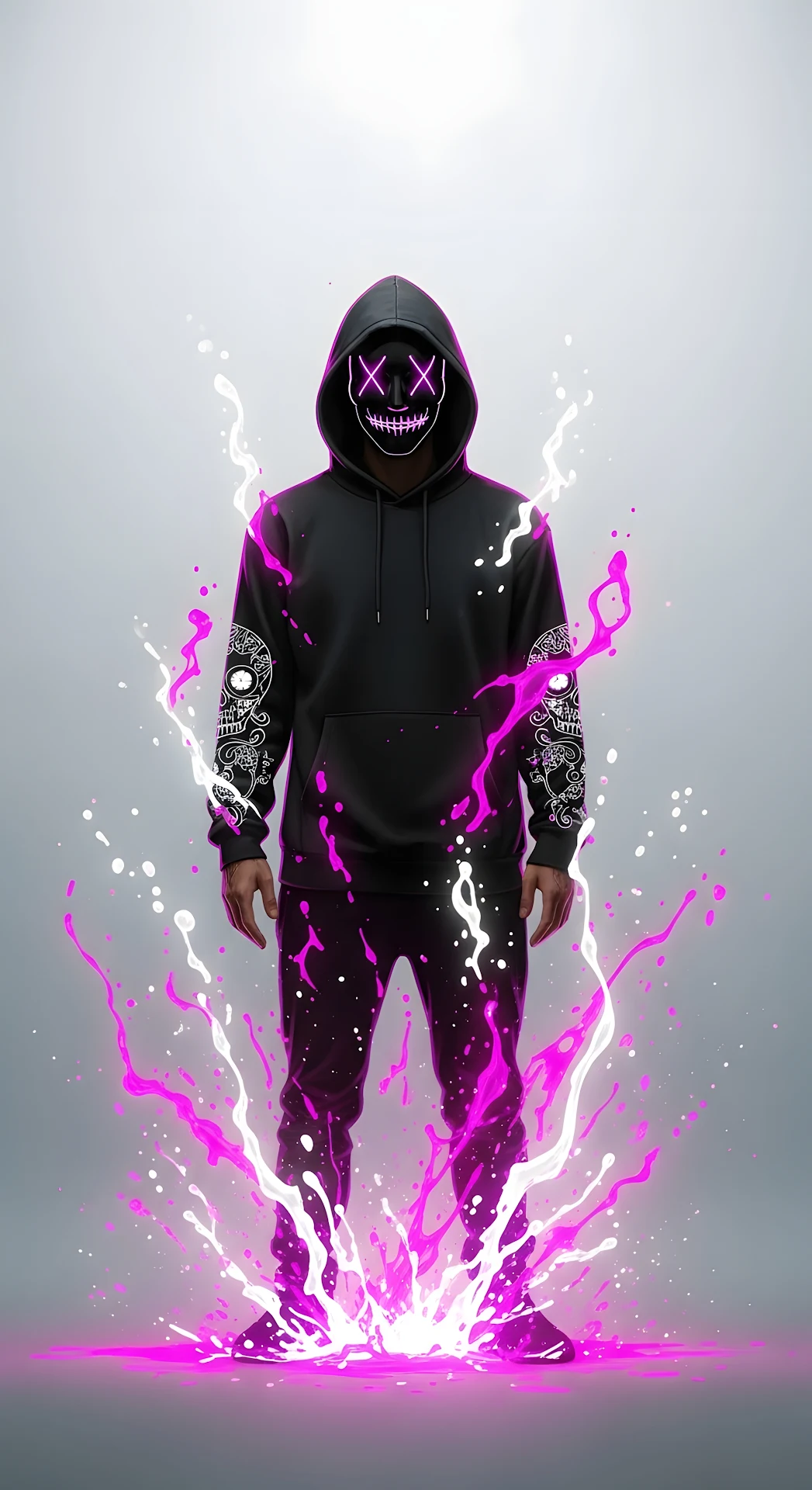 Neon Masked Figure with Pink Splatter Effect Art - Free 4K mobile Wallpaper