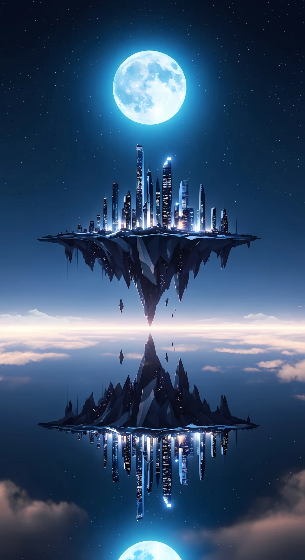 Mirrored Floating City Under a Bright Blue Moon - Free 4K mobile Wallpaper