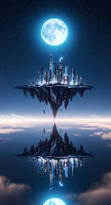 Mirrored Floating City Under a Bright Blue Moon