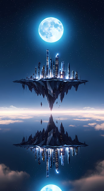 Mirrored Floating City Under a Bright Blue Moon - Free mobile Wallpaper