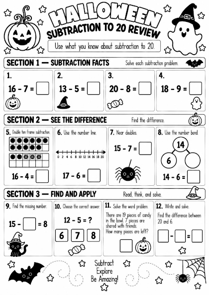 Halloween Subtraction to 20 Review