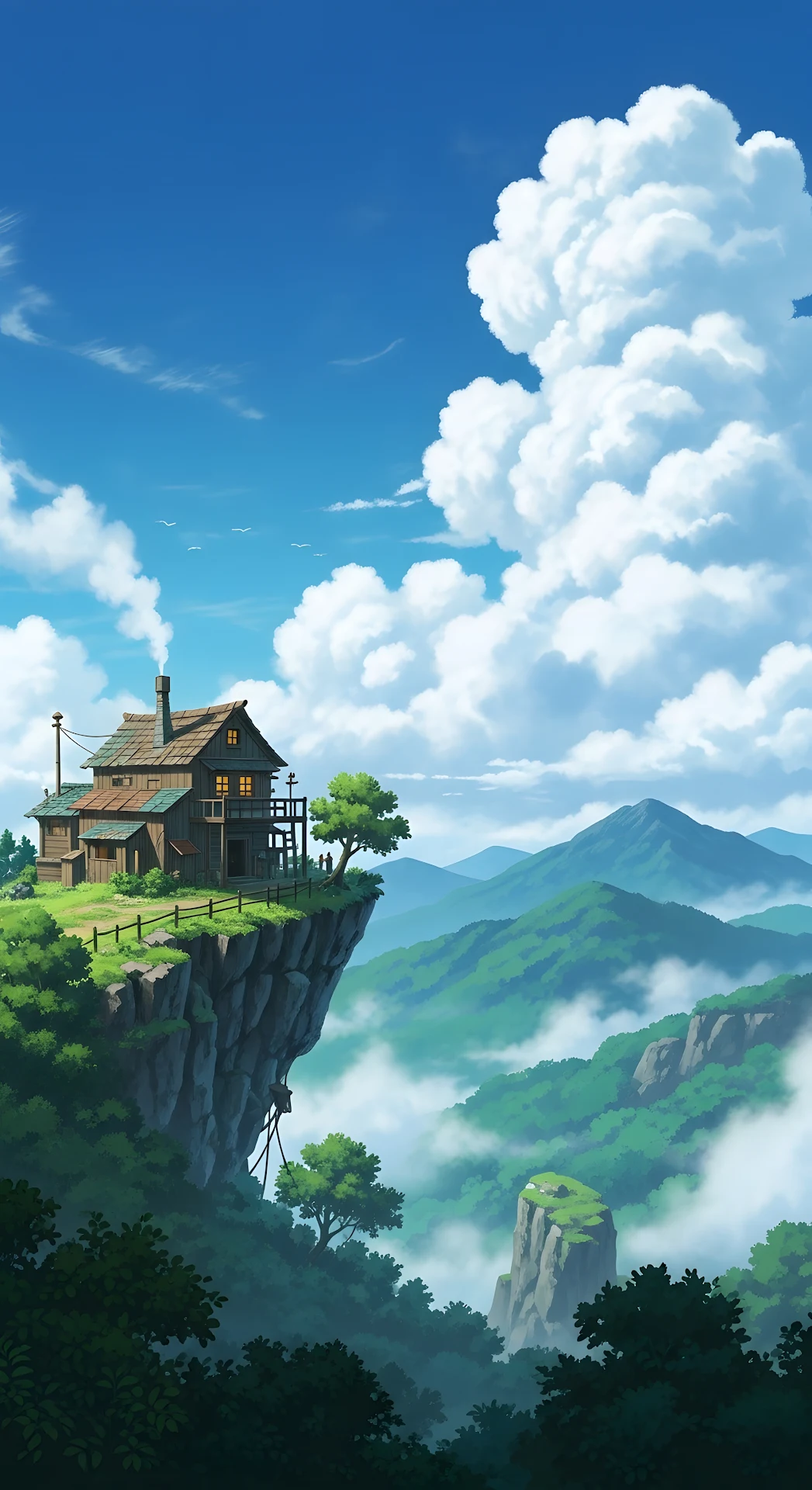 Ghibli Style Cabin on Cliff Over Misty Green Mountains - Free 4K mobile Wallpaper