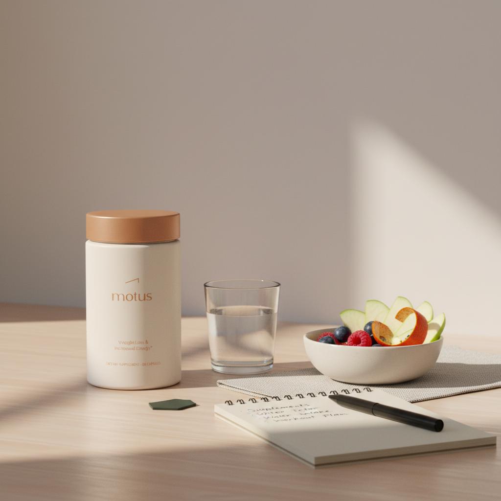 Minimalist kitchen countertop with Tonum Motus supplement container beside a full glass of water, notepad and bowl of fruit, visual for what does liver detox feel like